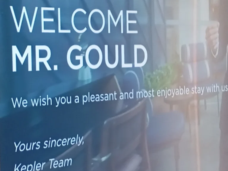 Welcome message in the Kepler Club sleeping pods at Riga Airport, Latvia.